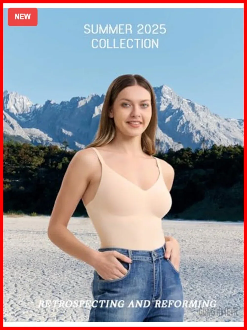 Seamless Camisole Tank Top with Built-in Bra V-Neck Adjustable Straps Spaghetti